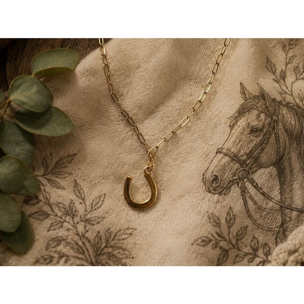 Equestrian Horseshoe Pearl Necklace 18K Gold PVD Paper Clip Chain - Picture 2 of 4